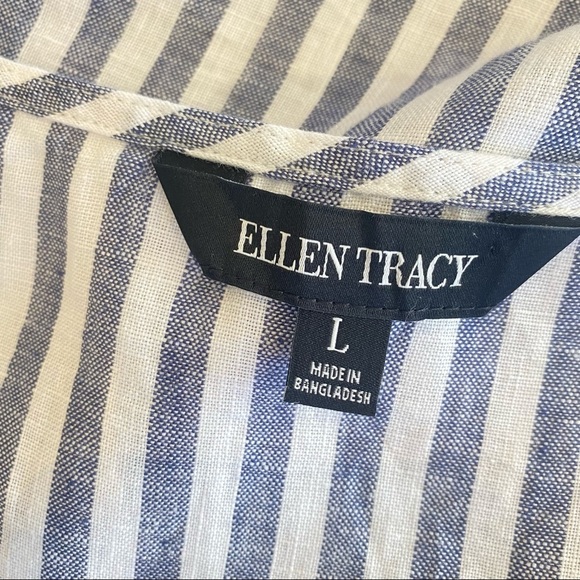 ELLEN TRACY Striped Linen Relaxed Blouse White Blue with Gold Shoulder Detail L - Picture 9 of 13